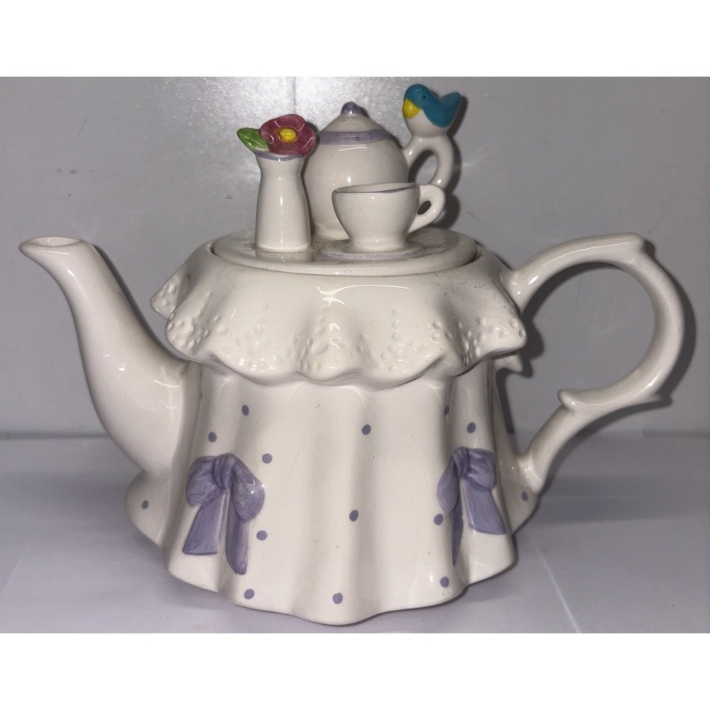 Vintage‎ Teleflora Teapot Tea Party Lid White and Lavender Blue Bird Purple Bows